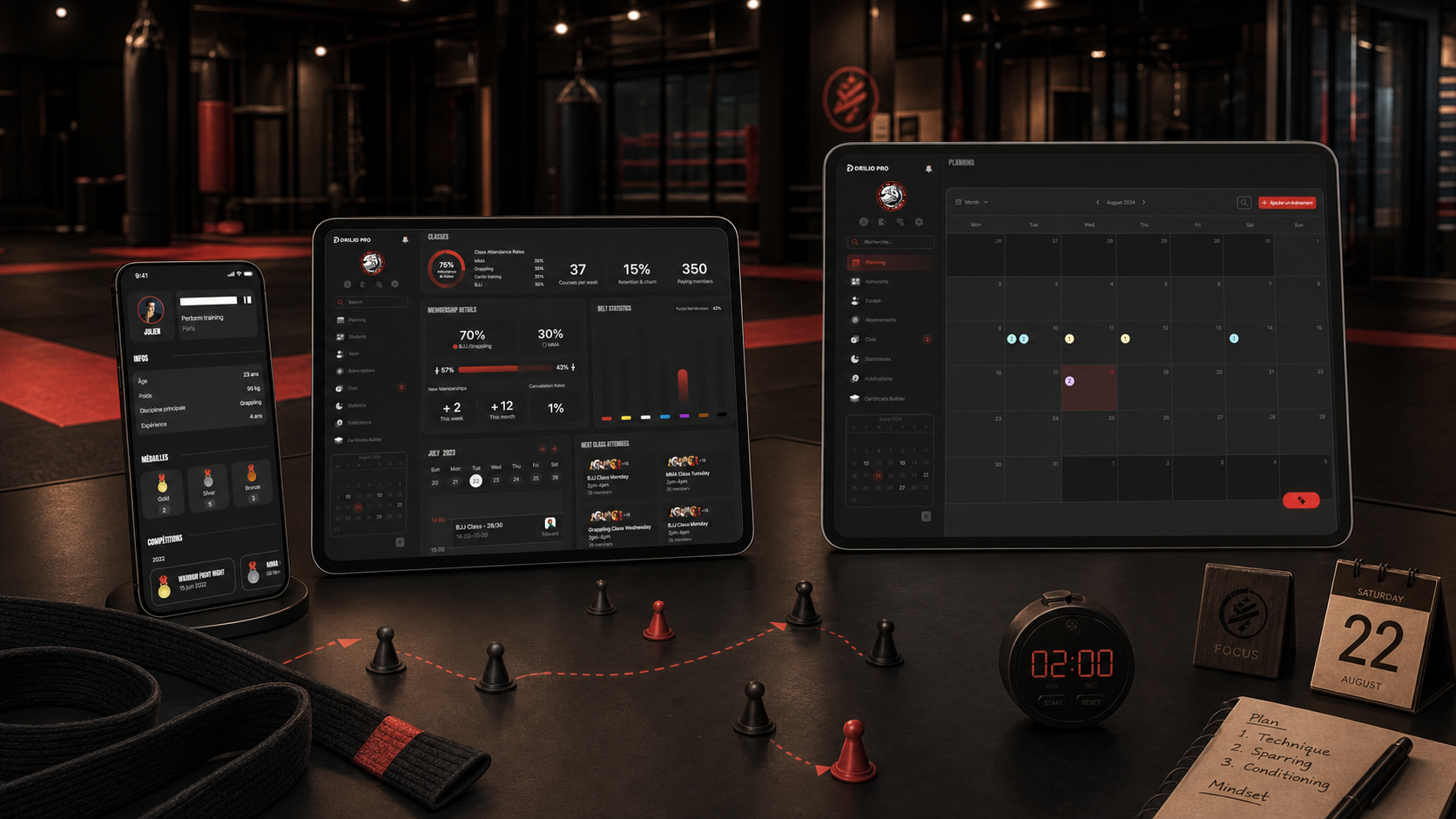 Interfaces DRILIO intégrées dans une table de planification sportive