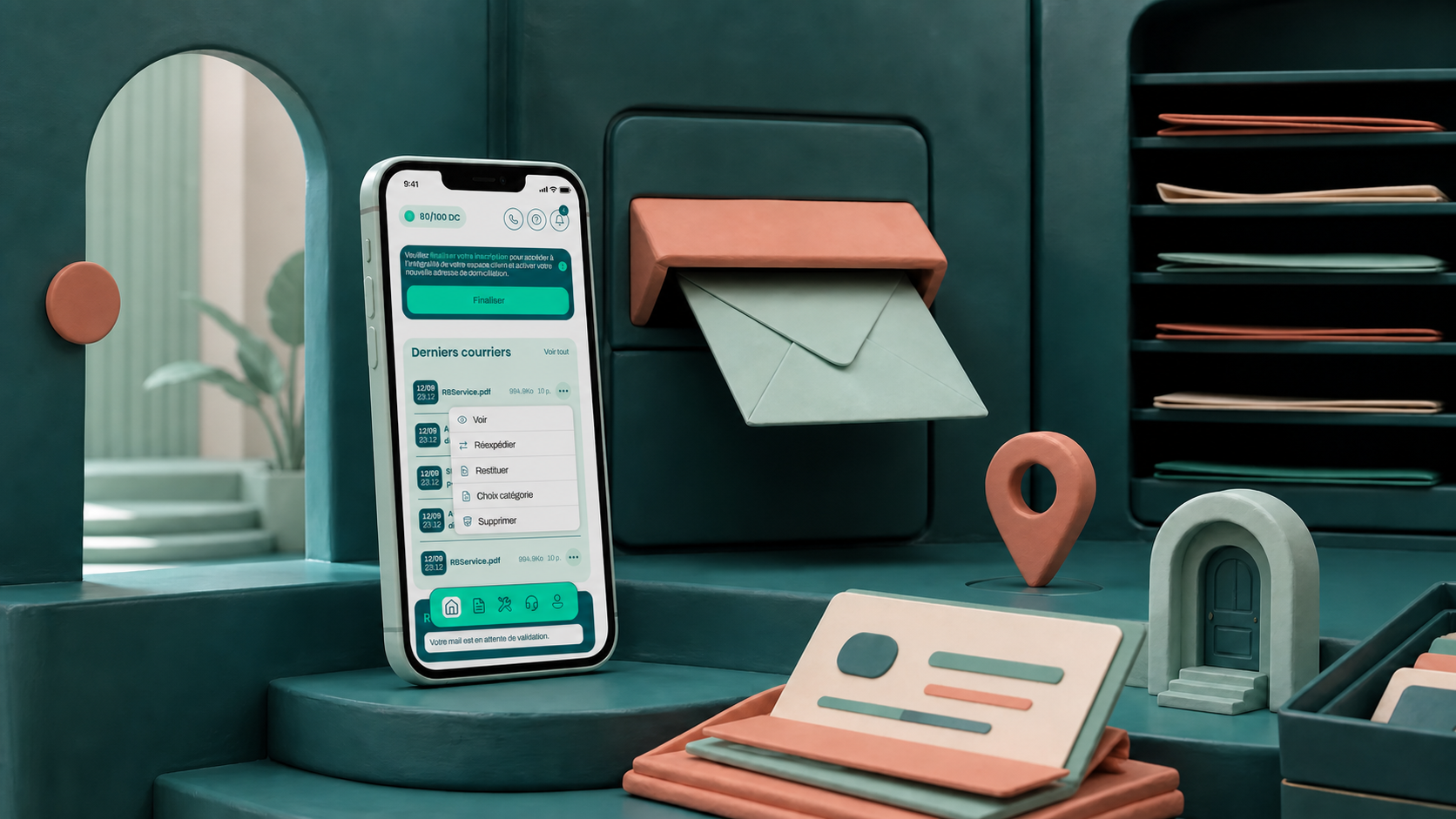 Écran réel de l’application IdomYou intégré dans une mailroom clay turquoise