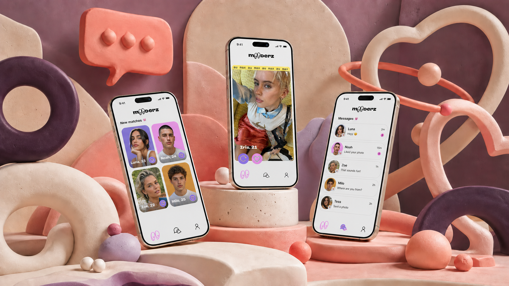 Découverte, profil et messages Mooderz intégrés dans une composition clay chaleureuse