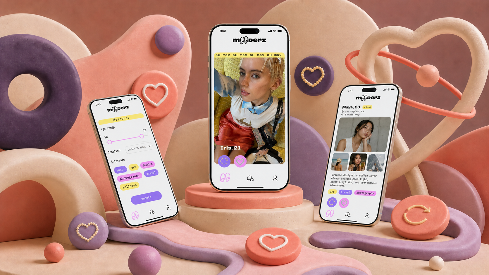 Interface de profil Mooderz intégrée dans une scène clay chaleureuse