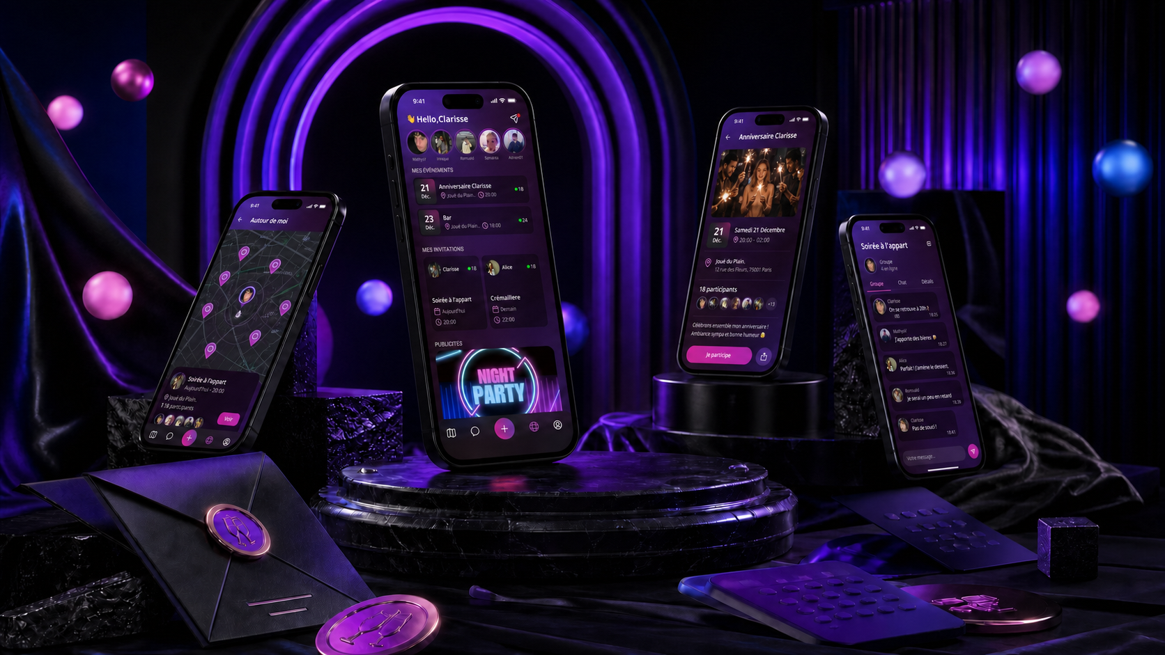 Carte, accueil, détail d’événement et conversation NightParty dans une scène nocturne violette