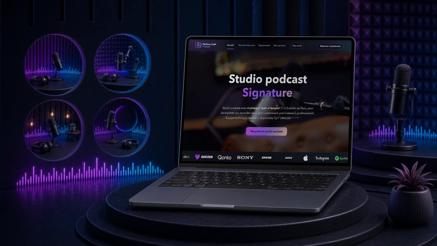 Page d’accueil de Parlons Cash Podcast affichée dans un ordinateur au cœur des quatre décors Signature