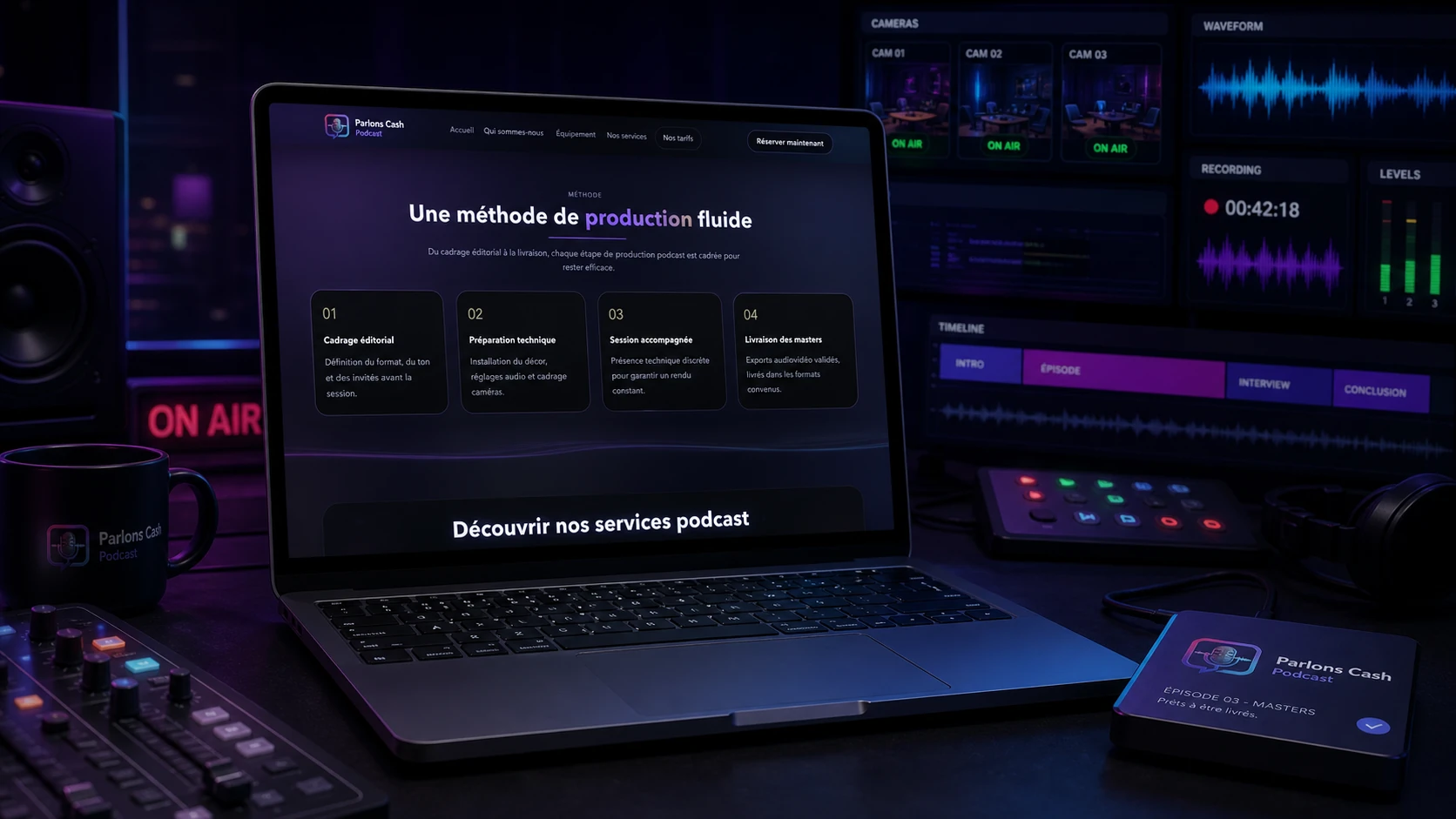 Méthode de production Parlons Cash Podcast affichée dans un ordinateur au sein d’une régie multicaméra