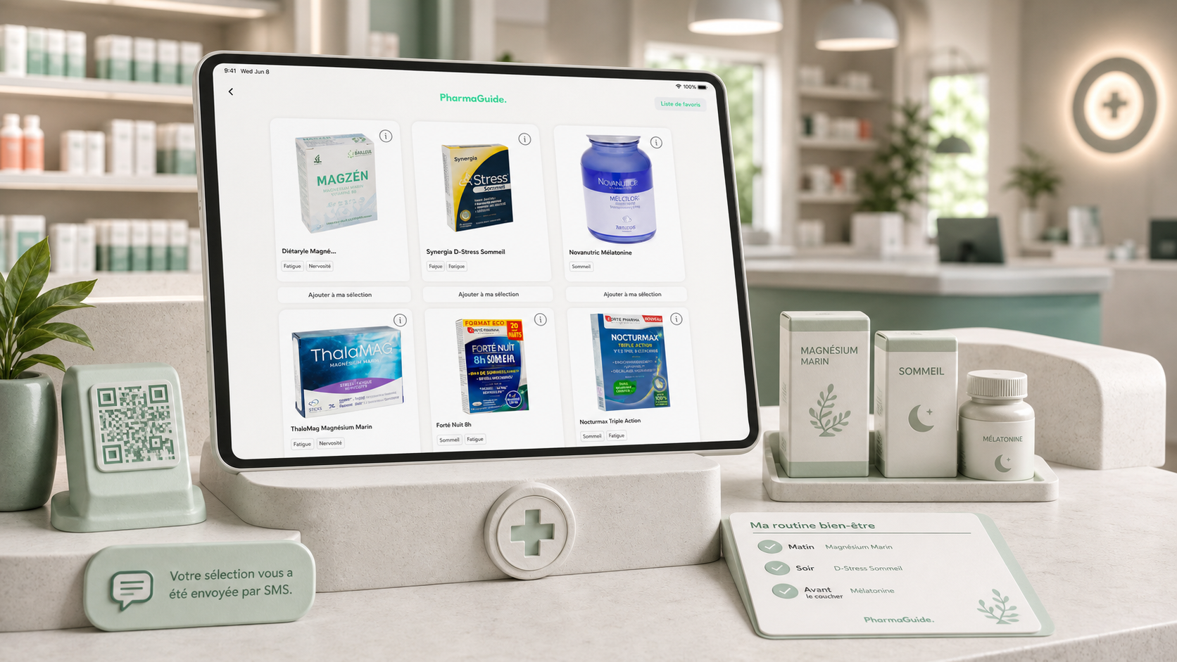 Recommandations PharmaGuide présentées dans un espace de conseil en pharmacie
