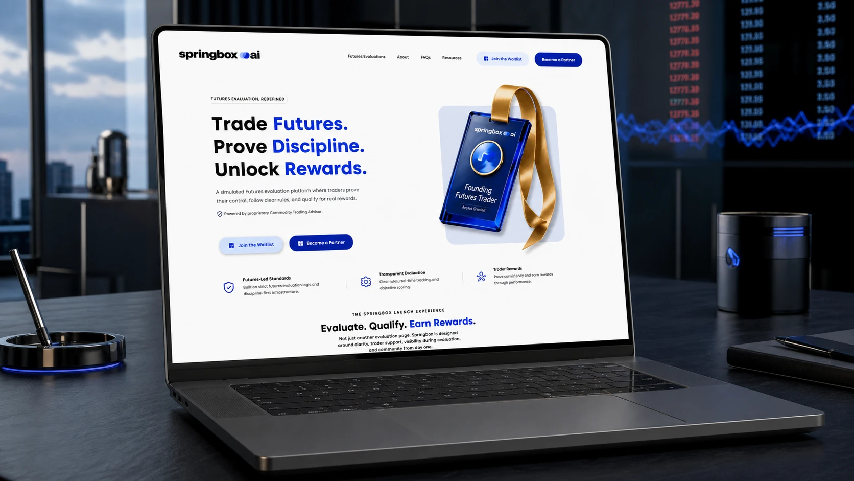 Page d’accueil Springbox.ai affichée dans un ordinateur au sein d’un espace de trading