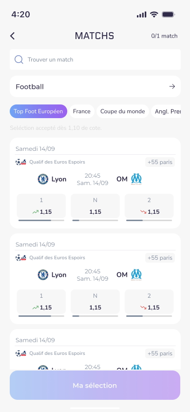 Écran iPhone affichant une liste de matchs et un bouton de prédiction.