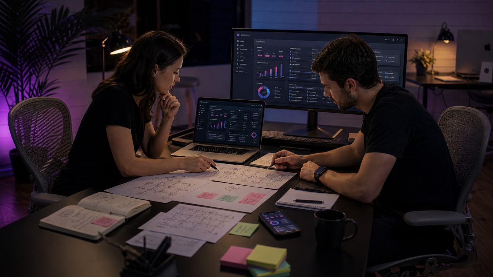 Equipe préparant une application métier sur mesure avec tableaux de bord et schémas de process dans un bureau premium