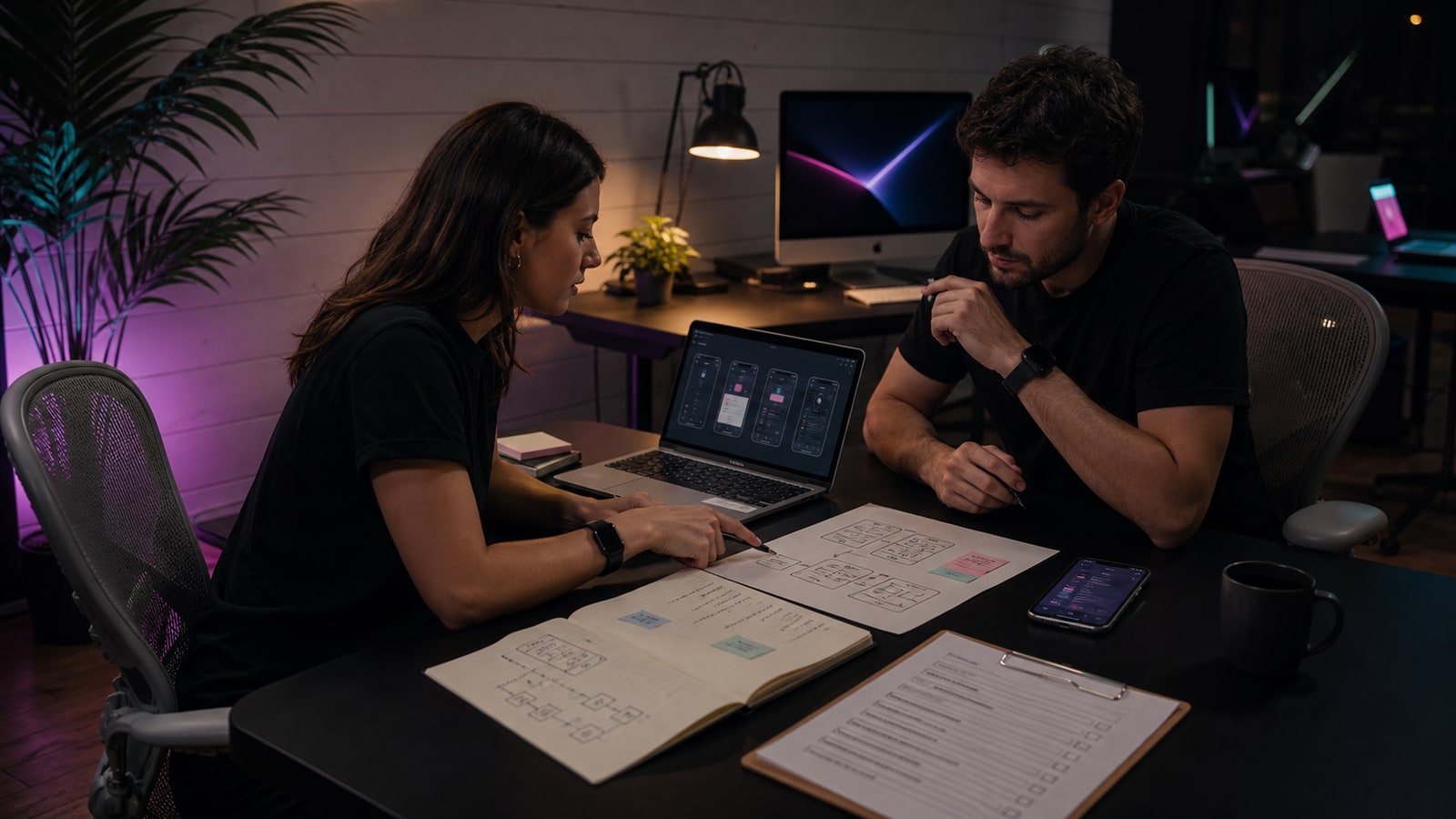 Client et chef de projet préparant un cahier des charges simple pour une application dans un bureau premium