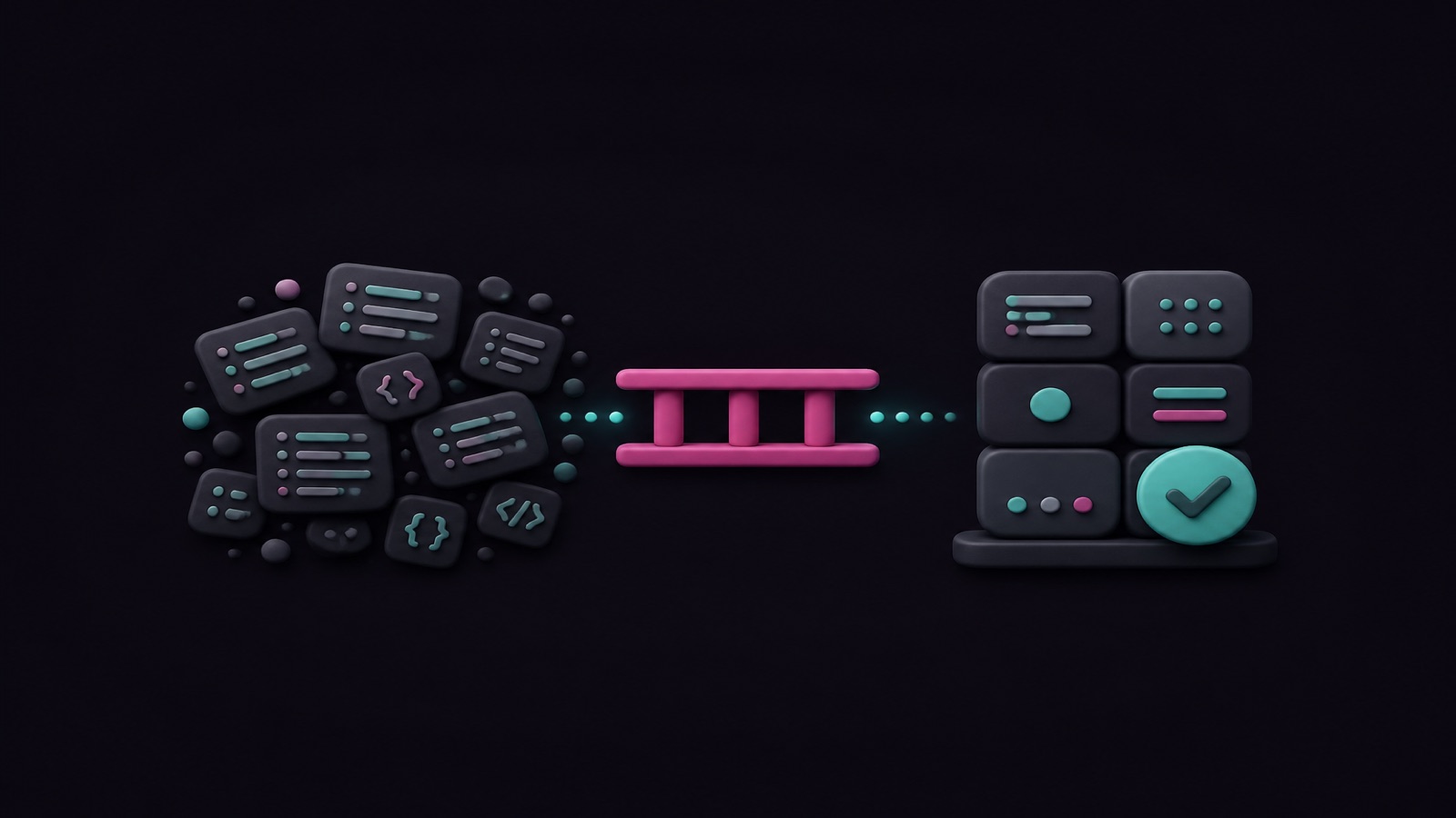 Ensemble épars de blocs qui se réordonnent sur un rail rose de validation, style studio minuit.agency