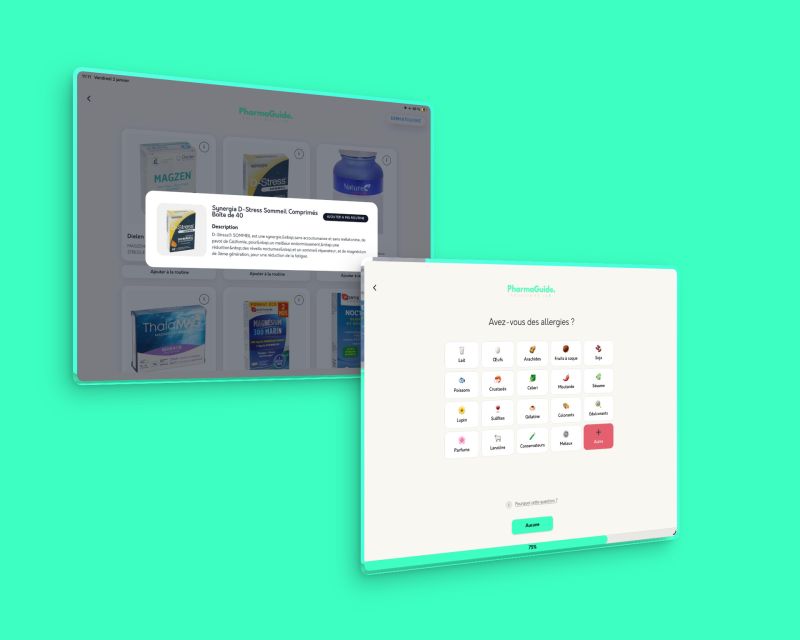 Parcours utilisateur Pharmaguide sur borne en pharmacie avec logique de recommandation par IA
