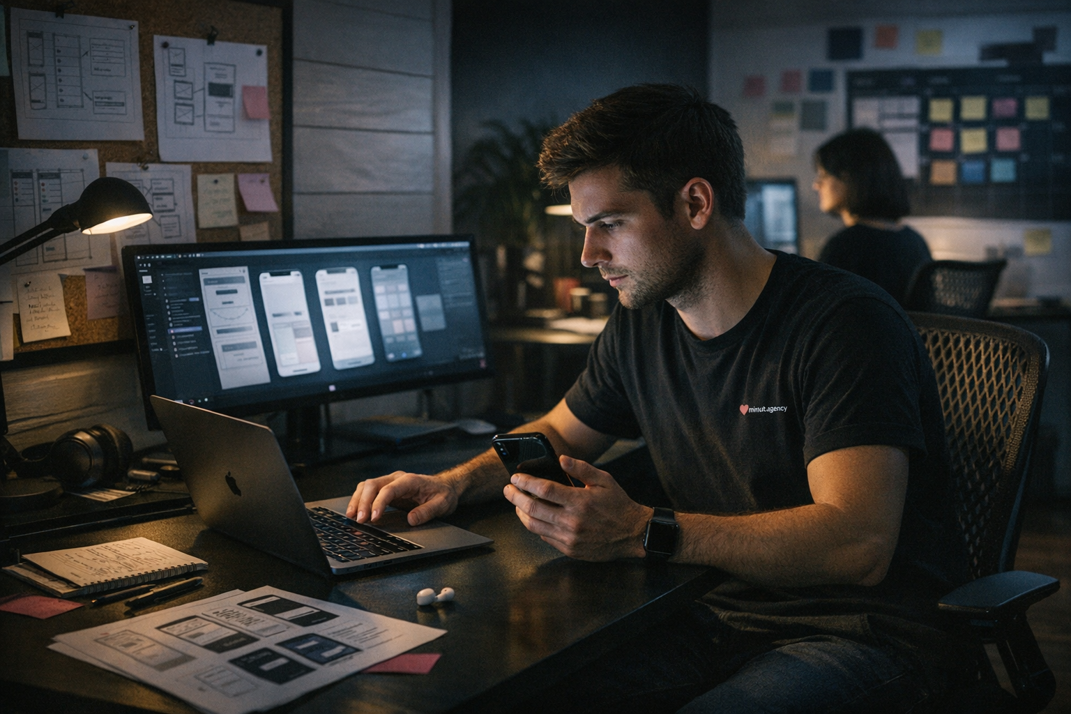 Equipe mobile avec codeur, chef de projet, direction artistique et design autour d'une application