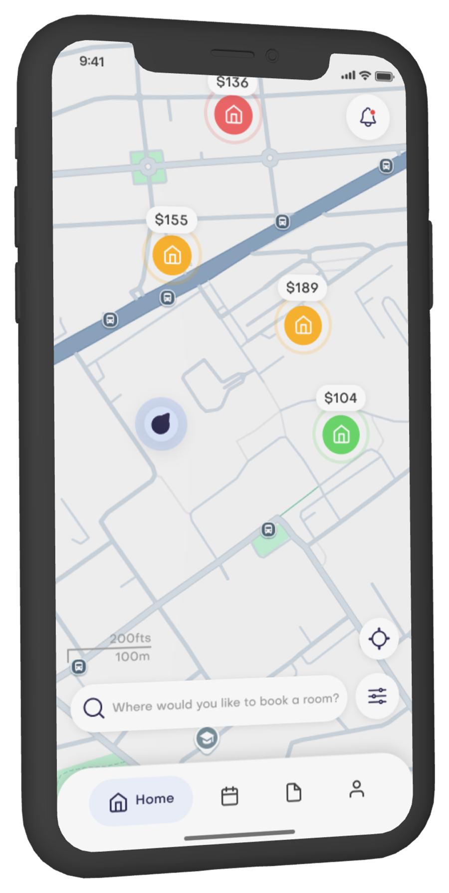 Écran iPhone affichant une carte avec marqueurs colorés autour d'une position.